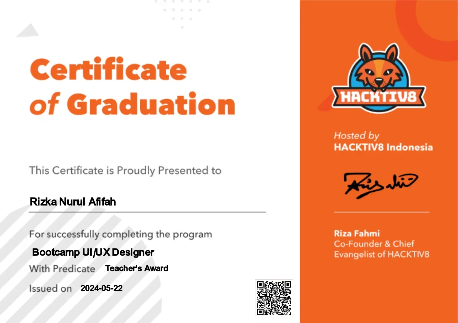Hacktiv8 Certificate of Graduation for Rizka Nurul Afifah