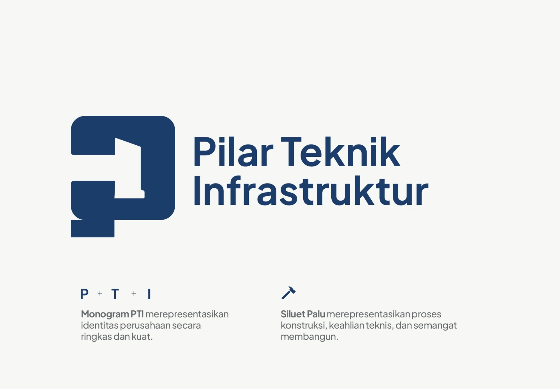 PTI logo construction explaining the P, T, I monogram and hammer silhouette