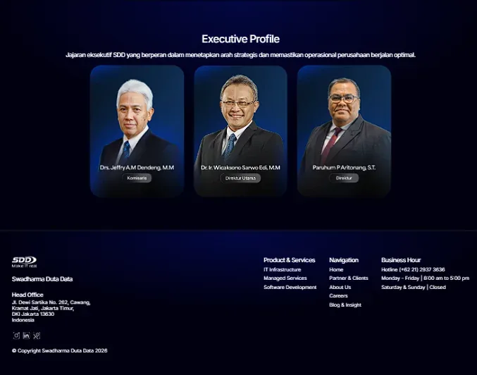 SDD executive profile and footer navigation