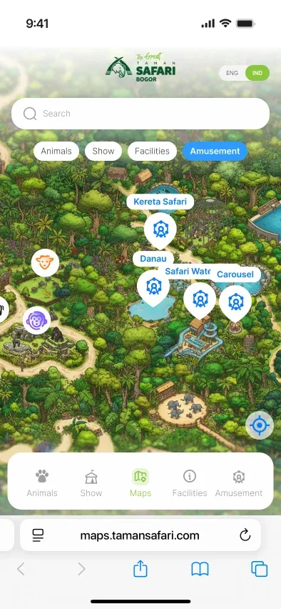 Taman Safari Digital Map showing the interactive park map and selected points of interest.