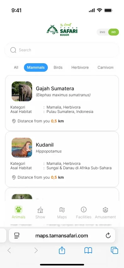 Taman Safari Digital Map showing animal search and category filters.