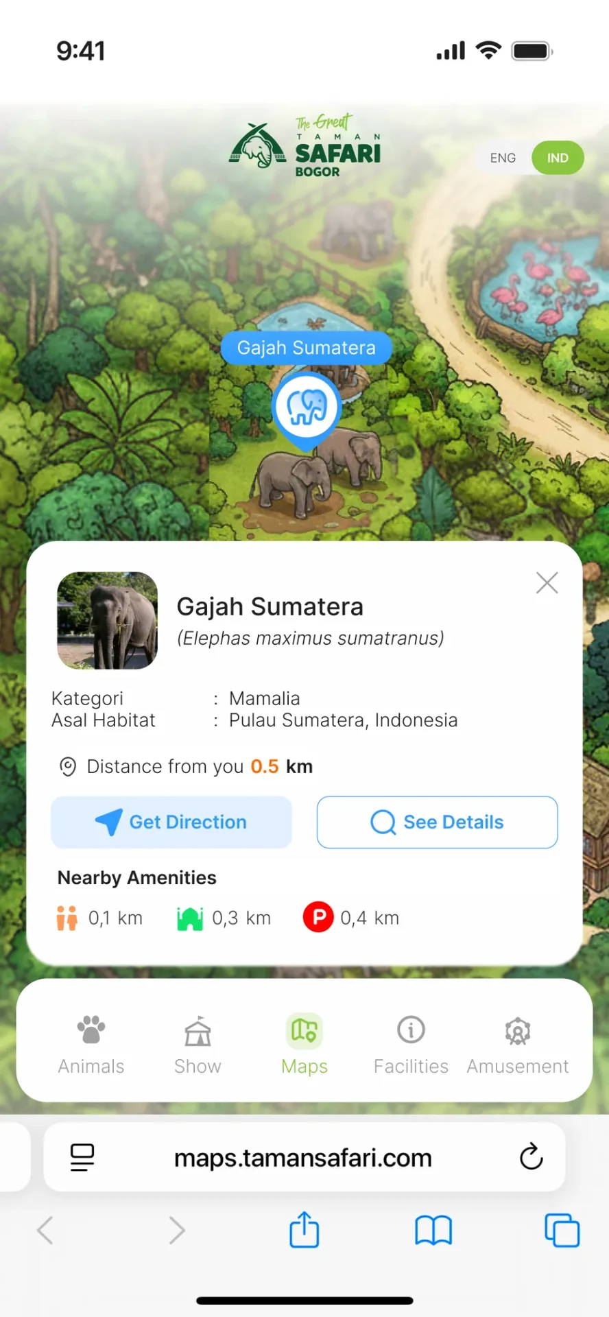 Taman Safari Digital Map showing details for Gajah Sumatera.