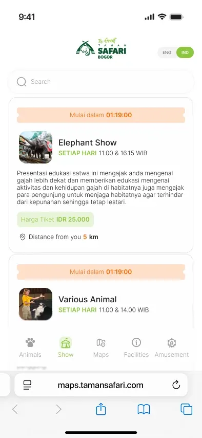 Taman Safari Digital Map showing daily shows and activity schedules.