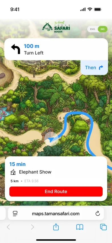 Taman Safari Digital Map showing live route guidance to Elephant Show.
