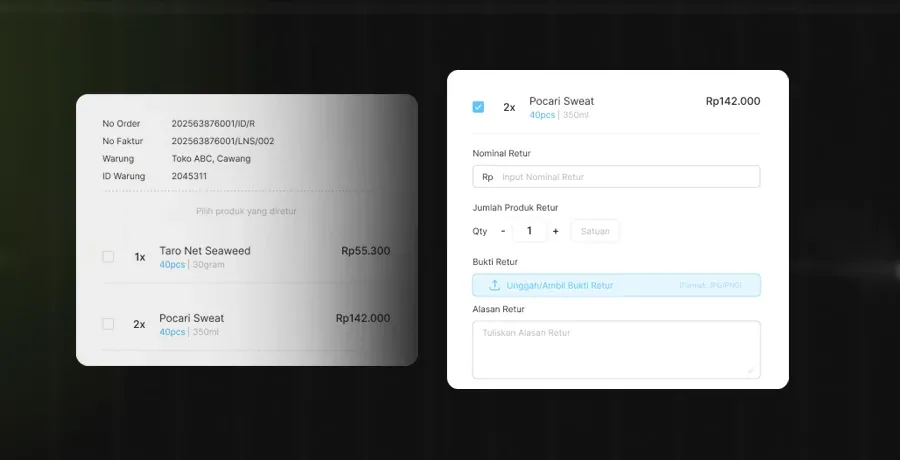 Waroong return selection and return-reason interface
